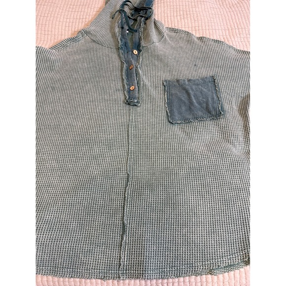 Womens Sage Green Beachy Lightweight Waffle Knit Henley Hoodie Indie Oversized - Picture 2 of 10